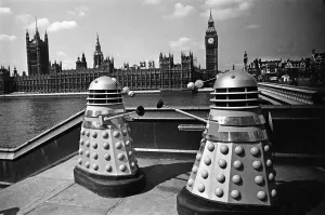 Prints of The filming of Dr Who - Daleks characters across the river from Big Ben and the Houses of Parliament. 1964 United Kingdom Prints: The Daleks Across the Thames Print 1964