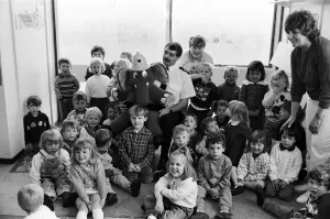Prints of Working with Welephant... West Yorkshire Fire Services safety conscious friend visited Rowley Hill playgroup West Yorkshire Prints: West Yorkshire Fire Service Safety Visit Print June 1991