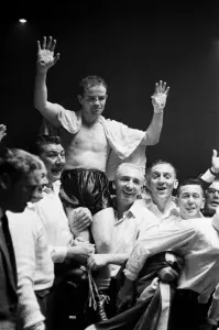 Prints of BBBofC British bantamweight title and Commonwealth (British Empire) bantamweight title fight at Kings Hall, Belfast, Northern Ireland between Belfast rivals Freddie Gilroy and John Caldwell Sport Prints: Freddie Gilroy vs John Caldwell Print 1962
