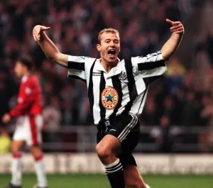 Prints of Alan Shearer of Newcastle United celebrates as his team win 5-0 against Manchester United Manchester Prints: Alan Shearer 5-0 Manchester United Print