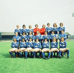 Prints of Ipswich Town, Football Team, August 1974. Back Row (left to right). Geoff Hammond, Brian Talbot, Mick Mills, Paul Cooper, Laurie Sivell, Allan Hunter, Kevin Beattie, Trevor Whymark 0600to0699 Prints: Ipswich Town Football Team Print, August 1974