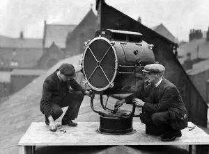 Prints of Installing amplifiers at Goodison Park, home to Everton football club. Walton, Liverpool, 27th January 1932 0700to0799 Prints: Installing Amplifiers at Goodison Park Print, 1932
