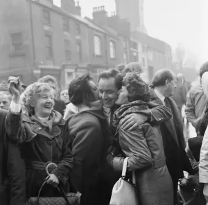 Prints of George Rodgers, celebrates after winning, new Labour Member of Parliament for Chorley, pictured with supporters outside Chorley Town Hall, Lancashire, in North West England. 1st March 1974 Politic Prints: George Rodgers, Labour MP for Chorley Print 1974