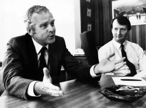 Prints of Left, John Egan, chairman of Jaguar and Neil Johnson, 13th August 1982 Industrialist Prints: Left, John Egan and Neil Johnson Print, 13th August 1982