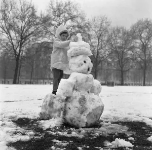 Prints of A little girl crowning her snowman in St James Park, London, following a heavy fall of snow on new years eve. 31st December 1961 Weather Prints: A Little Girl Crowns Her Snowman Print, St James Park, London 1961
