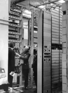 Prints of RAF Patrington and Holmpton. Underground telephone exchange. From left reporter Stuart Russell, Capt JD Ford and Wing Cdr Geoffrey Oliver East Riding Of Yorkshire Prints: RAF Patrington and Holmpton Underground Telephone Exchange Print 1968