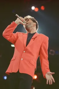 Prints of George Michael performs Somebody to Love at The Freddie Mercury Tribute concert at Wembley Stadium in 1992. Picture taken Easter Monday 20th April 1992 Art Prints: George Michael at The Freddie Mercury Tribute Concert Print (01037)