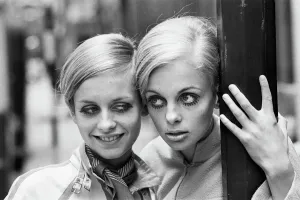 Prints of Model Twiggy seen here modelling a mini dress with her Swedish double Kerstin Lindberg on Little Portland Street, London Fashion Prints: Twiggy with Swedish Double, London Print 1967