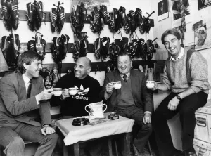 Prints of Scenes inside the famous boot room at Anfield. Left to right are: Current Liverpool manager Kenny Dalglish, coach Ronnie Moran, former manager Bob Paisley and assistant Roy Evans. 12th December 1985 Scotland Prints: Boot Room Legends: Anfield, 12th December 1985 Print