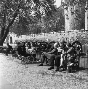 Prints of Londoners enjoy the early summer sun on the banks of the River Thames by the Tower of London. 2nd June 1955 Weather Prints: Early Summer Sun on the River Thames, 2nd June 1955 Print