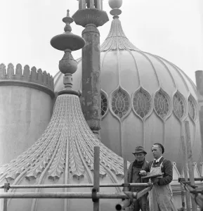 Builders on Brighton Pavilion Roof, 4th March 1954 Print