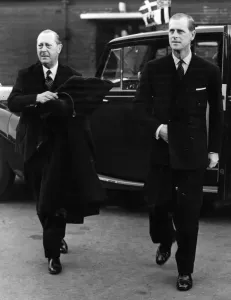 Prints of Prince Philip, Duke of Edinburgh arriving at the English Electric Comapnys Liverpool works on the East Lancashire Road on a private visit, accompanied by Sir George Nelson (Chairman of the company) Liverpool Prints: Prince Philip at English Electric Company Print 1954
