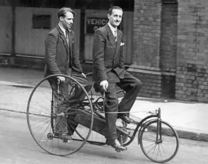 Victorian Era Transport Prints: Mr James Goodwin (right) of Sevenoaks on his Singer tandem tricycle from 1880