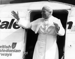 Prints of Pope John Paull IIs visit to Coventry. The Holy Father steps out of the plane at Baginton airport in readiness to give the mid-morning mass. 30th May 1982 300592POPE_1.jpg Coventry Prints: Pope John Paul II's Coventry Visit Print 1982