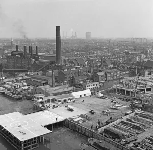 Prints of A Westland Whirlwind SRS.1 helicopter G-APDY on the apron at the Battersea Heliport on the banks of the River Thames on the opening day of the facility. 23rd April 1959 Aviation Prints: Westland Whirlwind SRS.1 G-APDY at Battersea Heliport Print 1959