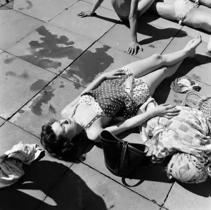 Prints of London swelters in the heat and everybody is looking for a place to keep cool Weather Prints: Londoners Seek Relief at Victoria Park Lido Print 1957