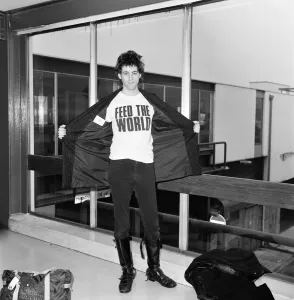 Prints of Bob Geldof at Heathrow airport shortly after the release of Do They Know Its Christmas? by Band Aid. 12th December 1984 Heathrow Airport Prints: Bob Geldof at Heathrow, 12th December 1984 Print