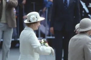Prints of Queen Elizabeth II and Prince Philip, The Duke of Edinburgh visit Nottingham, England Nottingham Prints: Queen Elizabeth II and Prince Philip Meet Torvill and Dean Print