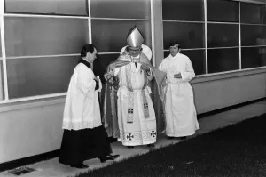 Black and white print of Archbishop G P Dwyer blessing St Patricks Church