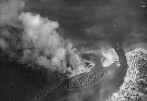Print of the Chumphon Trans-shipment Base in Flames