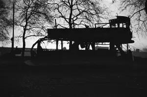 Print of a damaged tram shell on Victoria Embankment, London