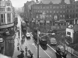 1500to1599 Prints: Black and white print of a 1950s street scene