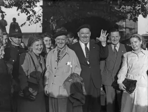 Laurel And Hardy Prints: Print of Laurel and Hardy arriving at Coventry railway station in 1947