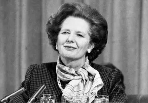 Margaret Thatcher Print - Smiling January 1985 Press Conference Photo