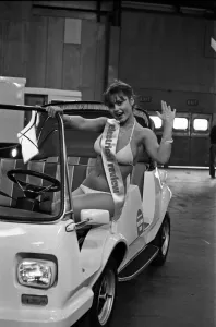 Images Dated 13th March 1978: Model Joanne Latham sitting in an electric car. 13th March 1978