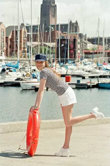 Images Dated 13th June 1996: Model, Kelly, wearing Maritime inspired clothing at Liverpool Marina, Merseyside