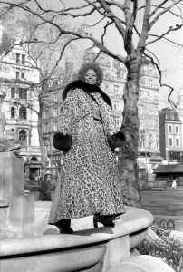 Model Lorne Lesley wearing a long leopard skin coat with fur collar February 1975 Model Lorne Lesley wearing a long leopard skin coat with fur collar February 1975