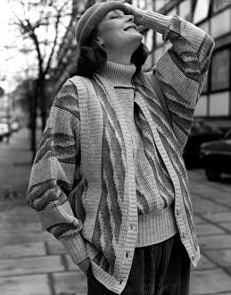 The model is wearing a bold jacquard design by Angus Stewart for Morley The model is wearing a bold jacquard design by Angus Stewart for Morley