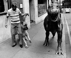 Models Animals Dinosaurs Tyrannosaurus Rex scares an Irish Wolfhound dog walking down Models Animals Dinosaurs Tyrannosaurus Rex scares an Irish Wolfhound dog walking down