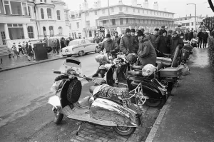 00573 Gallery: Mods with their scooters gather on Clacton sea front. Over the 1964 Easter weekend
