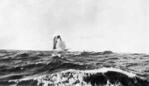 The moment the torpedo from a German U-boat strikes a Allied steamer The moment the torpedo from a German U-boat strikes a Allied steamer