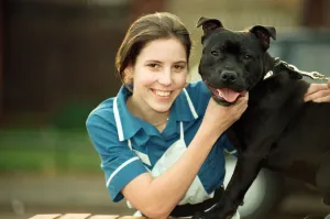 Moochy the Staffordshire Bull Terrier meets Vicky Derby Moochy the Staffordshire Bull Terrier meets Vicky Derby