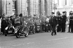 Motor cycle rowdies in Dover. Pictured, police officers stopping them Motor cycle rowdies in Dover. Pictured, police officers stopping them