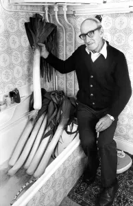 Mr. Len Carr with his giant leeks which he keeps fresh in the bath in October 1980 Mr. Len Carr with his giant leeks which he keeps fresh in the bath in October 1980