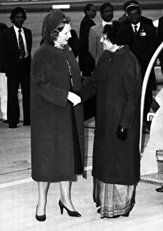 Images Dated 22nd March 1982: Mrs Indira Gandhi being met at Heathrow by Mrs Margaret Thatcher March 1982