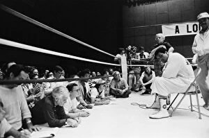 Muhammad Ali addressing fans at his training camp in Deer Lake