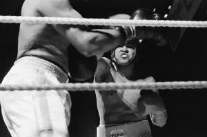 Muhammad Ali having fun with a spectator at boxing exhibition match in Birmingham Muhammad Ali having fun with a spectator at boxing exhibition match in Birmingham