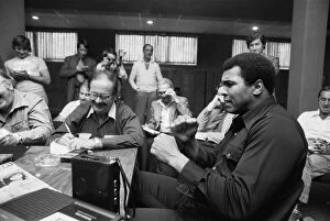 Muhammad Ali talking to repoters at the Concord Hotel in Catskill Mountains