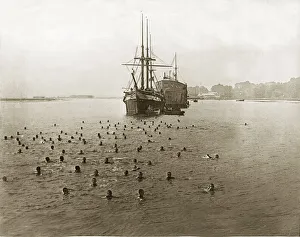 Naval cadets taking a swim around the Training ship Mercury a former Royal Navy ship of Naval cadets taking a swim around the Training ship Mercury a former Royal Navy ship of