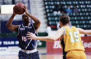Images Dated 23rd February 1996: Newcastle Comets v Chester Jets, Paul Douglas of the Comets takes on Anthony Crow of