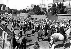 Images Dated 28th August 1982: Newcastle Supporters - Police on horse back control the Newcastle supporters outside St