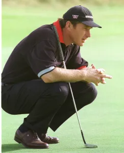 Nick Faldo at Open Golf Championship Birkdale 1998 sizes up a put on the 18th Nick Faldo at Open Golf Championship Birkdale 1998 sizes up a put on the 18th