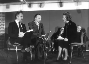 Nigel Hawthorn, Paul Eddington and Margret Thatcher in a sketch from the Television Nigel Hawthorn, Paul Eddington and Margret Thatcher in a sketch from the Television