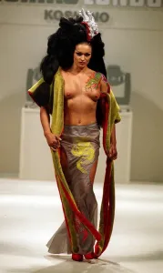 Nikki Diamond former Gladiator Scorpio modelling Michiko Koshino design London Nikki Diamond former Gladiator Scorpio modelling Michiko Koshino design London