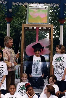 Noel Edmonds TV Presenter just about to gung Liz Knox Deputy Head Teacher Noel Edmonds TV Presenter just about to gung Liz Knox Deputy Head Teacher