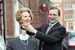 Norman Fowler, Secretary of State for Employment, with a waxwork of Mrs Thatcher in Norman Fowler, Secretary of State for Employment, with a waxwork of Mrs Thatcher in